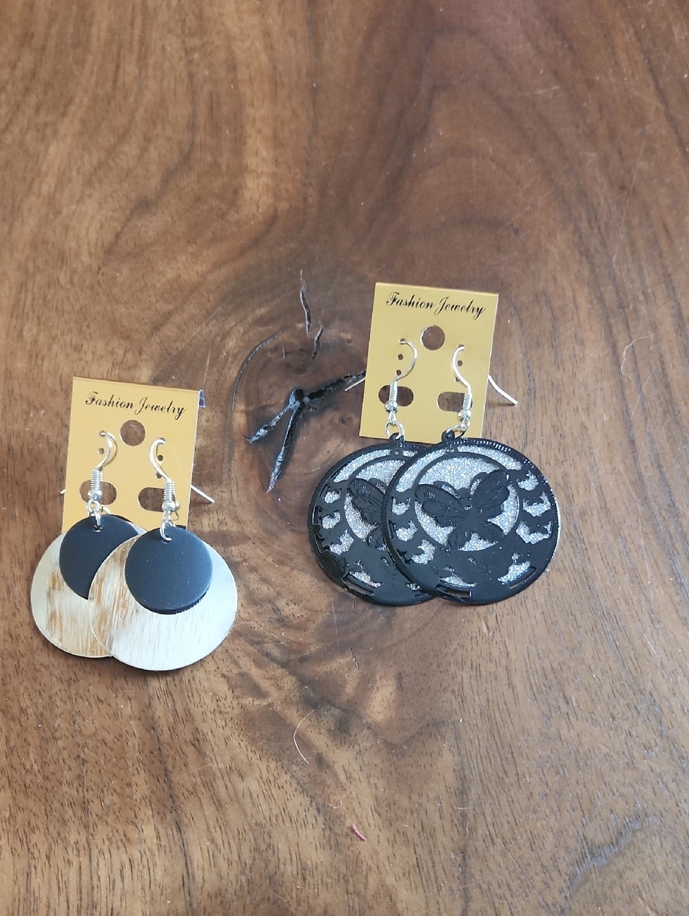 Fashion Jewelry Black and Natural Wood Tone Round Drop Earrings Set